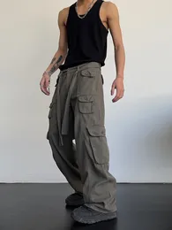 Mens Pants High street retro casual large pocket overalls mens and womens summer high waist loose straight tube draped wide leg pants 230224