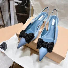 Miui Heels Ladies Luxury Dress Shoes Designer High Satin Silk Poinded Bow Rhinestone Black Pink Fashion Party Office Career Formal Wedding Sandals 35-41 WKIT