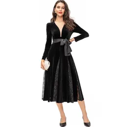 Women's Runway Dresses V Neck Long Sleeves Patchwork Lace Elegant Fashion Designer Mid Vestidos