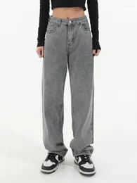 Jeans femininos Harajuku Mulheres cinzentas Hip Hop Streetwear Oversize pernas largas calças de jeans do jeans fêmea dos anos 90
