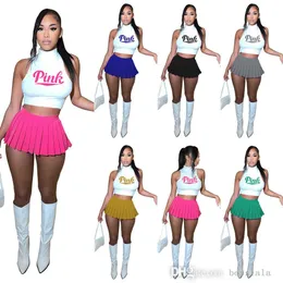 Sweet Style Two Piece Dress Set Women Summer Designer 2023 New Letter Printed Sleeveless T-shirt Pleated Skirt