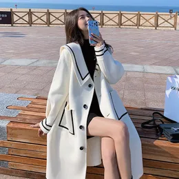 Jackets Women's Woolen Blends Academy White Tweed Coat Women Autumn Winter Korean Loose Navy Collar Jacket 230223
