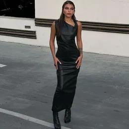 Casual Dresses 2023 Pu Leather Sleeveless Black Draped Zip Up Slit Elegant Sexig Slim Maxi Prom Dress Winter Women Y2k Streetwear Party