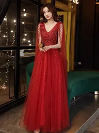 Красное вечернее платье с шаль V-образной кисточки в рукаве бисера A-Line The Lange Turse Up Appliqued Facy Prom Plays Женщина длинное формальное платье