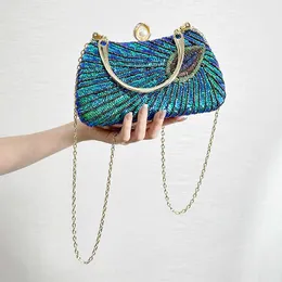 2023 New Women Sequins Clutch Bags Peacock Wedding Dinner Purse Party Pearl Hasp Bags With Chain 2 Colors Drop Shipping 230224