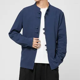 Men's Casual Shirts Chinese Style Jacket Men's Tang Suit Printed Top Retro Linen Cotton Round Button Coat Large Size