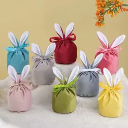 Velvet Easter Bunny Bucket Favor Short Ears Rabbit Basket Drawstring Candy Bag Soft Plush Storage Bags C15