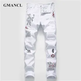 Jeans pour hommes New Men Streetwear personnalité Déchiré imprimé blanc skinny Jeans Hip Hop Punk Casual moto stretch denim jeans pantalon Z0225