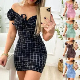 Casual Dresses Vintage Plaid Print Dress Summer Women Off Shoulder Short Sleeve V Neck Lace Up Bow Mante Party Mini Vestidos