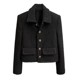 Damenjacken schwarzer Vintage Revers geschnittene Tweedjacke Frauen koreanische Mode -Single Breasted Mischmantel Elegant Luxus Design kurzer Außenbekleidung 230224