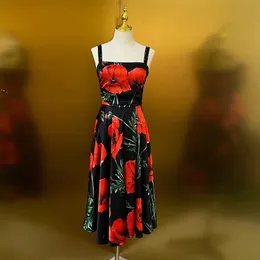 Fancy Dress Floral Printed Gathered Waist Slash Neck Sleeveless Midi Fit&Flare Cami Dress