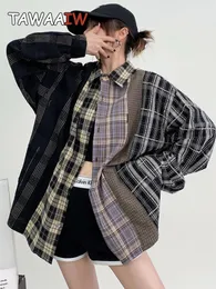 Blouses feminina camisas Tawaaiw Streetwear Patchwork Camisa xadrez mulher Mulheres de manga comprida estilo coreano Beda de alta qualidade de alta qualidade Blusa chique 230225