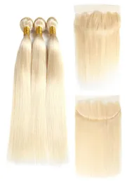 Бразильские девственные волосы 613 Блондинка 3 пучка с 134 кружевными фронтальными прямыми пучками переплетения человеческих волос с закрытием от уха до уха 3522420