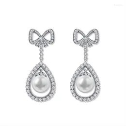 Stud Earrings 925 Sterling Silver Bowknot Pearl Cubic Zirconia Bow Drop Vintage Wedding Womens Fine Jewelry