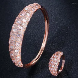 Halsbandörhängen Set Threegrace Luxurious Cubic Zirconia Stone Rose Gold Color Big Bangle and Ring For Women Nigerian Wedding Party Jewelry