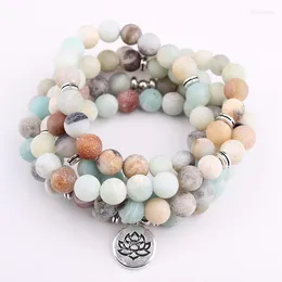 Strand Damen-Armband mit 108 Perlen, matt gefrostete Amazonit-Perlen mit Lotus