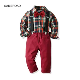 Одежда Saileroad Boys Set Set Осень Зимняя Детская Решетка Фортальная рубашка топы Pantstie 3pcs костюм детские наряды 230225