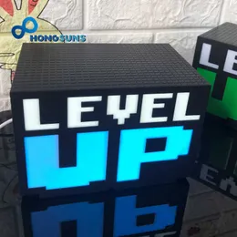 Nattljus nivå upp pixel Bild 3D Illusion Led Boys Night Lights Video Game Visual Action Model Voice Control Lamp Box For Birthday Giftj230225