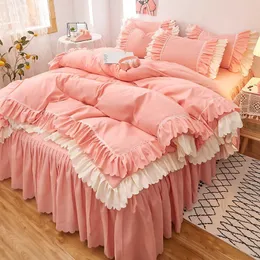 مجموعات الفراش Wostar Pink Princess Style Cover Cover Cover Pillowcase 2 People Luxury Double Ding Four Piece Set Queen King Size 230224