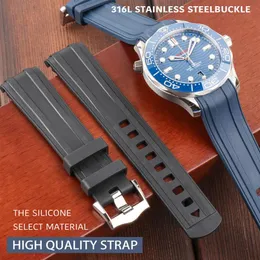 Curved End 20mm Watch Strap Bands Man Blue Black Waterproof Silicone Rubber Watchbands Armband Clip Buckle For Omega Sea Master 233z