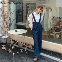 Kvinnors byxor s denim overaller kimutomo ins mode koreansk vår hösten hög midja rak ben löst passande dubbel axel jumpsuit 230225