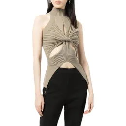 Kvinntankar Camis Summer Sticked Crop Tops Fashion High Collar Hollow Out Kink Sleeveless Solid Color Tank Female 230224