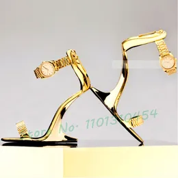 Сандальцы металлические часы WATE WED Женщины летние элегантные каблуки из дерева золотые туфли 2023 Роскошная повседневная лодыжка