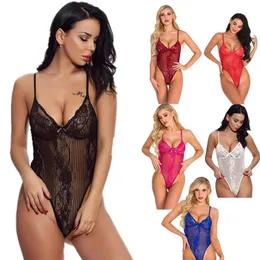 S-XXL Wome Sexy High-cut Vertical Stripes Floral Lace and Mesh Teddy Bodysuits Midnight Sleepwear Lingerie Teddies Multicolor241Q