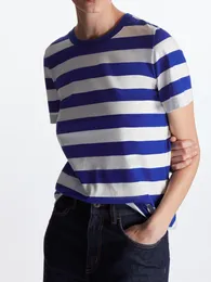 Women's T Shirts Women O-neck Tshirts Blue And White Stripes 2023 Summer Cotton Simple Casual Tee Short Sleeve Female T-ShirtWomen's