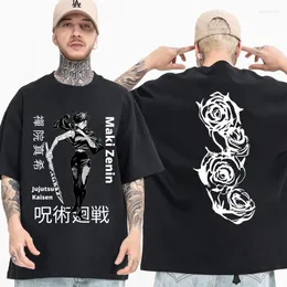 Camisetas masculinas Jujutsu Kaisen Maki Zenin Camiseta clássica para mulheres masculinas moda oversized algodão mangas curtas camiseta casal preto