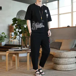 Этническая одежда китайская традиционная мужчина летние брюки футболка с коротким рукавом ретро-принт костюм Тант хлопковой льня плюс размер рубашка ханфу kk
