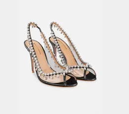 Sommaren perfekta pump lyxvarumärken gatsby sling sandaler skor för kvinnor slingback pumpar kristall virvlar pvc toecaps pekade tå lady slingback höga klackar
