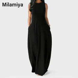 Lässige Kleider Damen Sommer Langes Kleid Lose Sexy Ärmellos O-Ausschnitt Taschen Einfarbig Maxi Plus Size Strand 2023