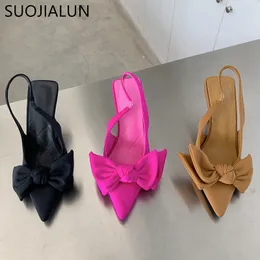 Sandals SUOJIALUN Summer Brand Women Slingback Sandals Shoes Fashion Bowknot Pointed Toe Slip On Ladies Elegant Dress Pumps Shoes 230225