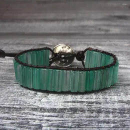 Strand Boho-Armbänder für Damen, Röhrenform, grüner Onyx, einzelnes Leder-Wickelarmband, Halbedelstein-Perlenperlen, Direktversand