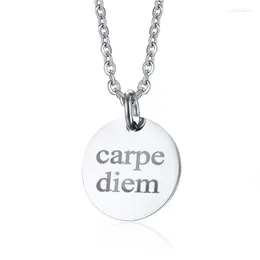 Pendant Necklaces Engraved Carpe Diem For Men Solid Silver Color Coin Round Necklace Colar Masculino Free Chain 20&quot