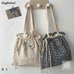 Shopping Bags Shopping Bags Women Plaid Drawstring Casual Adjustable Large Capacity Ins Cute Students Shopper Canvas Bag Simple Korean Style 230225