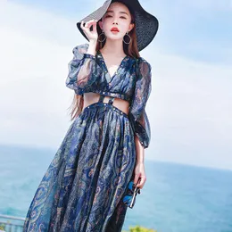 Casual Dresses Ladies Catwalk Sexy Hollow Luxury Rivets V-Neck Lantern Sleeves Party High-End Dress Vacation Blue 2023 Vestido