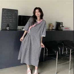 Casual Dresses T-shirt Dress Women Summer Short Sleeve Korean Leisure Students Striped All-match Lazy Side-slit Fashion Loose Ins