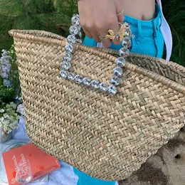 Totes Fashion Diamonds Handle Rattan Handbags Wicker Woven Big Women Basket Bag Casual Summer Beach Str Bags Large Bali Tote Purses Y2302