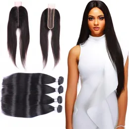 Extensões de cabelo virgem brasileiro 10-30 polegadas cabelo humano 4 pacotes com 2x6 fechamento de renda tramas de cabelo liso com 2 6 parte do meio294g