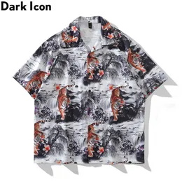 Mäns avslappnade skjortor Dark Tiger Full tryckt överdimensionerade herrar Hawaiian Shirt Summer Thin Material Street Fashoin Shirts For Men Z0224