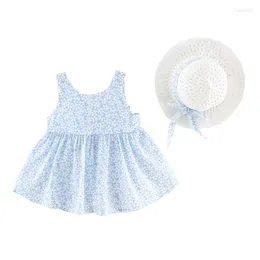 女の子のドレス夏の小さな女の子のドレス子供花の印刷弓の装飾袖のないサスペンダープリンセススカート麦わら帽子服