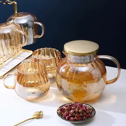 Butelki z wodą Golden Pumpkin Glass Household Kettle 1L Odporny na ciepło zagęszczony sok kwiat czajnik Filtr domowy narzędzie 230224