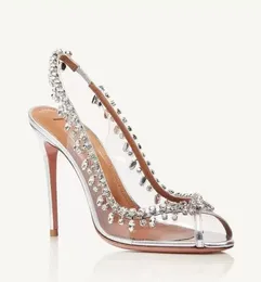 Aquazzura ハイヒールデザイナーヒールレディースサンダルヒールクリスタバックルパーティーウェディングドレスシューズヒールセクシーなバックストラップ pvc レザーソールサンダル