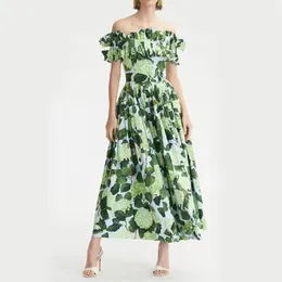 2023 Vestido extravagante feminino estampado floral franzido cintura barra decote manga bufante fit flare vestido VERDE