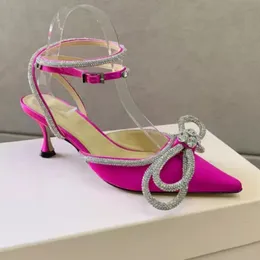 Mach Satin Bow Pumps Crystal Embellished Evening shoes 65mm stiletto Heels sandals women medium heels Luxury Designers ankle strap Dress shoe factory footwear box