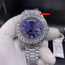 Prong Set Diamond Men's Fashion Watch Blue Face 43mm Silver Diamond Stainless Steel Strap High Quality Automatic Watch271k