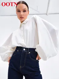 Women's Blouses Shirts OOTN Office Lady Satin Lantern Sleeve Women's Blouse Spring Lapel Loose Elegant Shirt All-Match Casual Button Up Top Women 230225