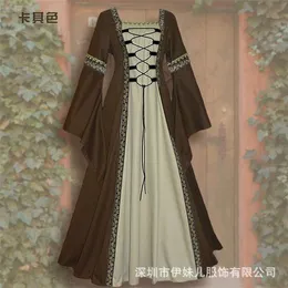 Ethnische Kleidung Europa und das US -amerikanische Hornhornhülle Langes Kleid Goth Vintage Frauen mittelalterlich Hof Robe großer langes Khaki -Kleid